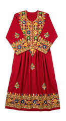 Red dress with traditional embroidery pattern, full shot, isolated on transparent background