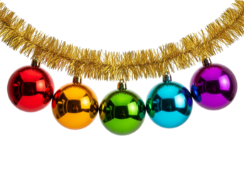 Rainbow Christmas Ornaments Hanging from Gold Tinsel Garland
