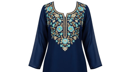 Navy blue kurta with floral embroidery on the neckline, isolated on transparent background