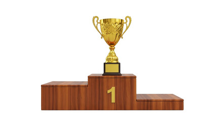 Golden trophy on a wooden podium with number one isolated on transparent background