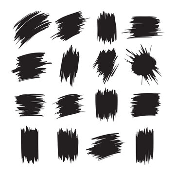 Collection of sixteen black brush strokes isolated on white background for design element