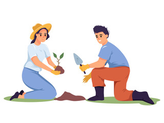 Man and woman gardening together, planting a small sapling, flat cartoon style, on white background. Concept of teamwork and nature. Vector illustration