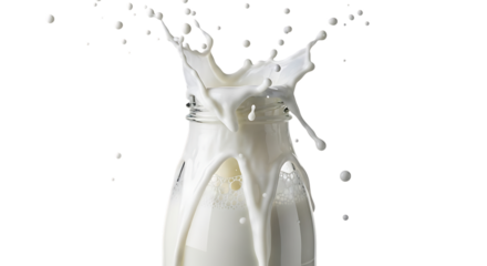 Closeup of a milk bottle with milk splashing out of it isolated on transparent background, showcasing the freshness and purity of the dairy product, perfect for illustrating healthy eating and lifesty