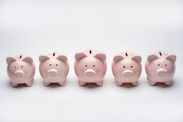 Piggy banks in the shape of pigs, standing in a row on a white background, stock photo isolate