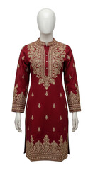 Maroon kurta with golden embroidery on a mannequin isolated on transparent background