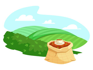 Full sack of coffee beans topped with a coffee cup, placed in a lush green hilly landscape with blue sky and clouds. Vector illustration