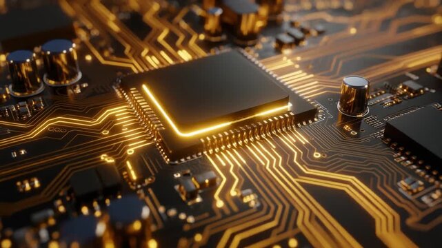 Circuit Board, CPU, Technology Golden Electronic Microchip