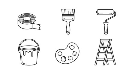 Vector  illustration of painting tools including tape, brush, roller, bucket, palette, ladder