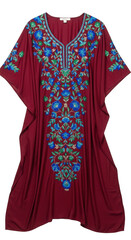 Maroon kaftan with floral embroidery, v-neck, short sleeves, and loose fit isolated on transparent background