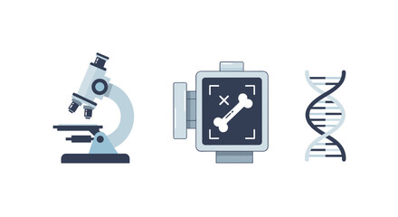 Vector  illustration of a microscope a bone scan on a device and a dna strand representing science and health