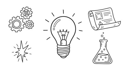Vector  illustration showcasing gears, a lightbulb, document, starburst, and a chemical flask drawing