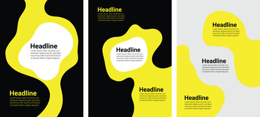 Abstract yellow organic shapes on black and grey backgrounds with placeholder text for design