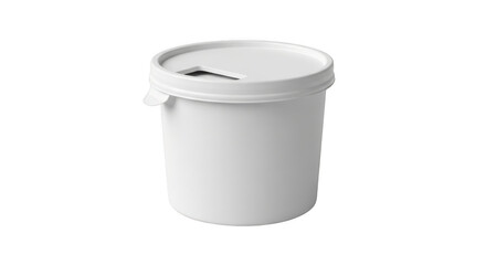 White plastic bucket with lid, container for food or paint, side view isolated on transparent background
