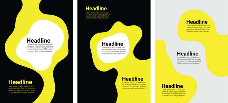 Abstract yellow organic shapes on black and grey backgrounds with placeholder text for design