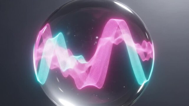 Vibrant pink and blue glowing sound waves encased within a transparent glass sphere against a dark, minimalistic background