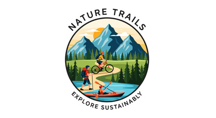Vector  illustration of outdoor activities including hiking biking and kayaking in a mountain scene design