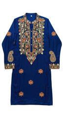 Blue kashmiri kurta with embroidered floral and paisley patterns isolated on transparent background