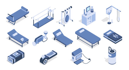 Vector  isometric illustration showcasing various medical equipment and furniture arrangements setup