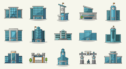 Vector  illustration showcasing a collection of stylized university buildings with diverse designs