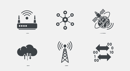 Vector  illustration showcasing various network and communication icons including satellite and router