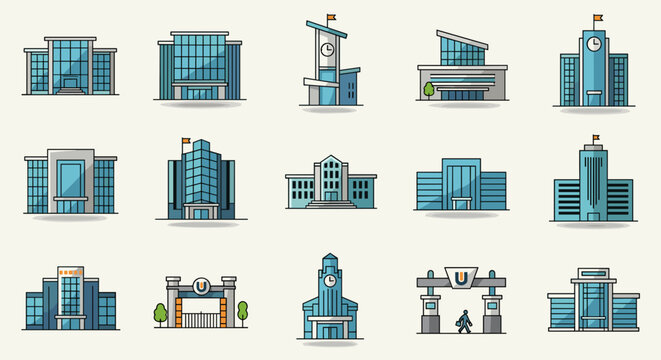 Vector  illustration showcasing a collection of stylized university buildings with diverse designs