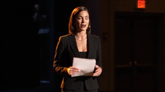 Professional woman speaking on stage during a presentation, holding documents - Powered by Adobe
