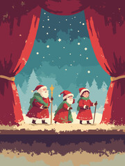 Puppet-theater Christmas — paper puppets on stage with curtain, scarlet & sand