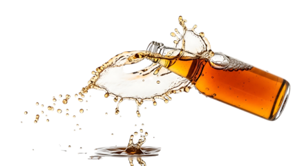 Amber liquid spilling from a tipped bottle isolated on transparent background, capturing the moment of a splash and creating a dynamic scene of liquid in motion, showcasing the beauty of fluid dynamic