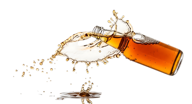 Amber liquid spilling from a tipped bottle isolated on transparent background, capturing the moment of a splash and creating a dynamic scene of liquid in motion, showcasing the beauty of fluid dynamic