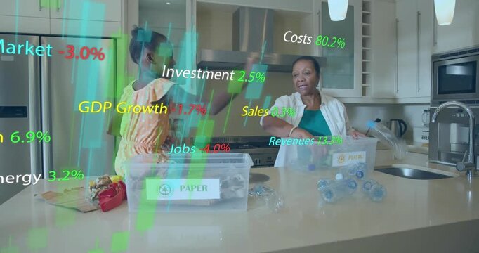 Grandmother and granddaughter sorting recyclables on island and showing finance graphs with metrics