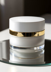 White Cosmetic Jar with Gold Accents on Mirror Base in Natural Light