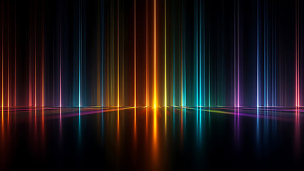 Vibrant Vertical Neon Light Beams Reflecting on Dark Floor, Abstract Futuristic Background