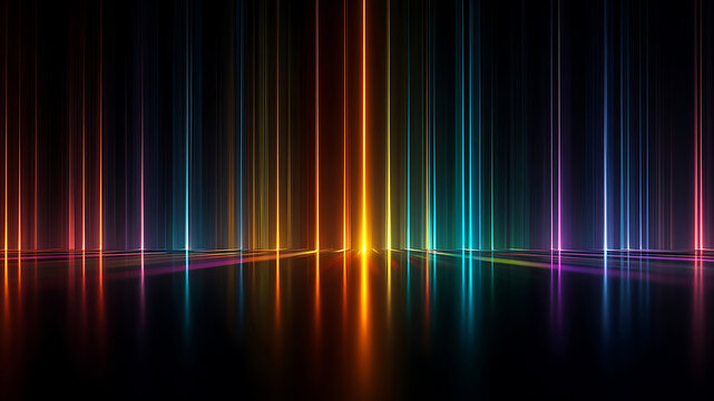 Vibrant Vertical Neon Light Beams Reflecting on Dark Floor, Abstract Futuristic Background