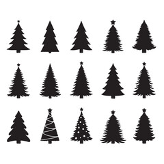 Christmas tree icon set featuring pine silhouettes, vector illustration.