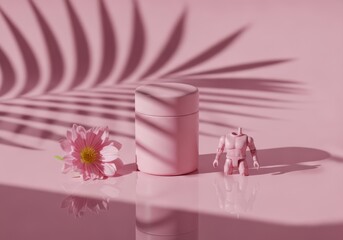Pink cylinder, flower, and toy robot on a pink surface with palm leaf shadow