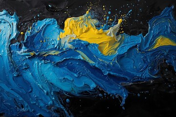 Vibrant blue and yellow oil paint swirls on a black background with rich texture and impasto depth.