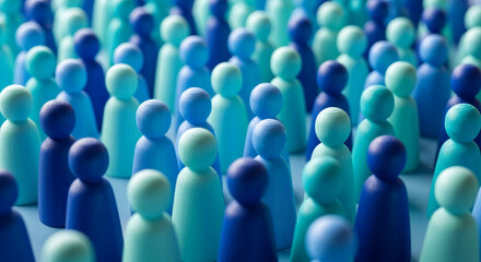 Fototapeta premium Many wooden figures in blue tones, arranged close together, represent a crowd, a community or population, ideal for social or demographic concepts