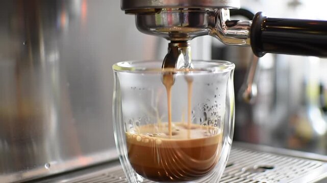 Espresso shot making: a close up of coffee extraction in a glass cup with machine portafilter