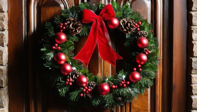 Close-up of Christmas wreath on wooden door, soft side light