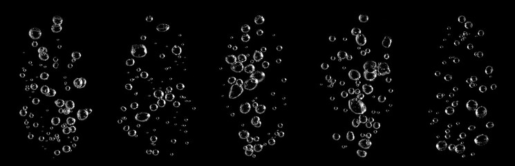 Clear water bubbles rising on a black background, captured in macro detail with contrast and clarity. Perfect for backgrounds, design, science, freshness, and clean abstract concepts.
