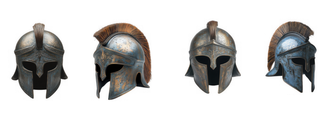Collection of four ancient greek corinthian helmets with horsehair crests, isolated on transparent background