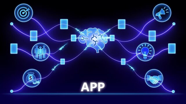 Digital network connecting brain icon to AP text with glowing lines and icons application software