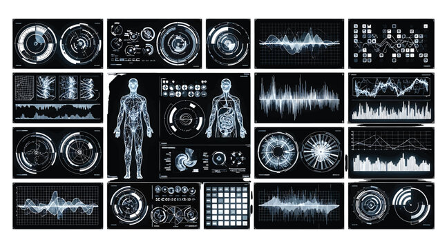 Futuristic medical interface with human body scan, displaying vital signs, diagnostics, and data analysis, creating a hightech and advanced representation of healthcare technology