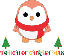 Adorable Penguin Wearing a Scarf with Christmas Trees Text holiday festive