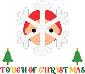 Cartoon Face Behind Snowflake with Christmas Trees Text holiday festive