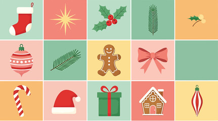 Festive christmas icons featuring a stocking, star, holly, ornament, gingerbread man, bow, candy cane, santa hat, gift, and gingerbread house, isolated on white background