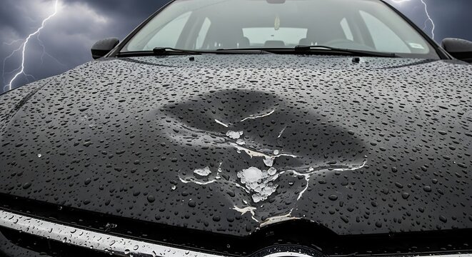 Black Car Hood Damaged by Hailstorm with Lightning in the Sky.