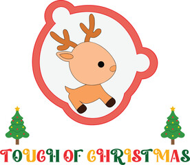 Cartoon reindeer in frame with Christmas trees text animal holiday