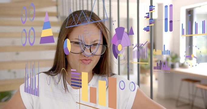 Teen girl squinting at translucent bar, pie charts appearing, shifting for tech analysis