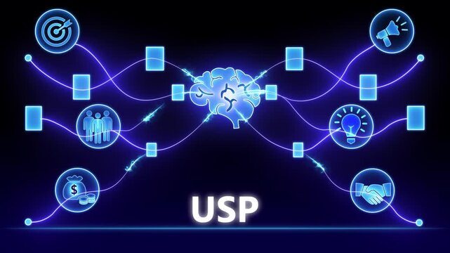 Unique selling proposition concept with USP text and interconnected icons representing strategy finance communication and ideas